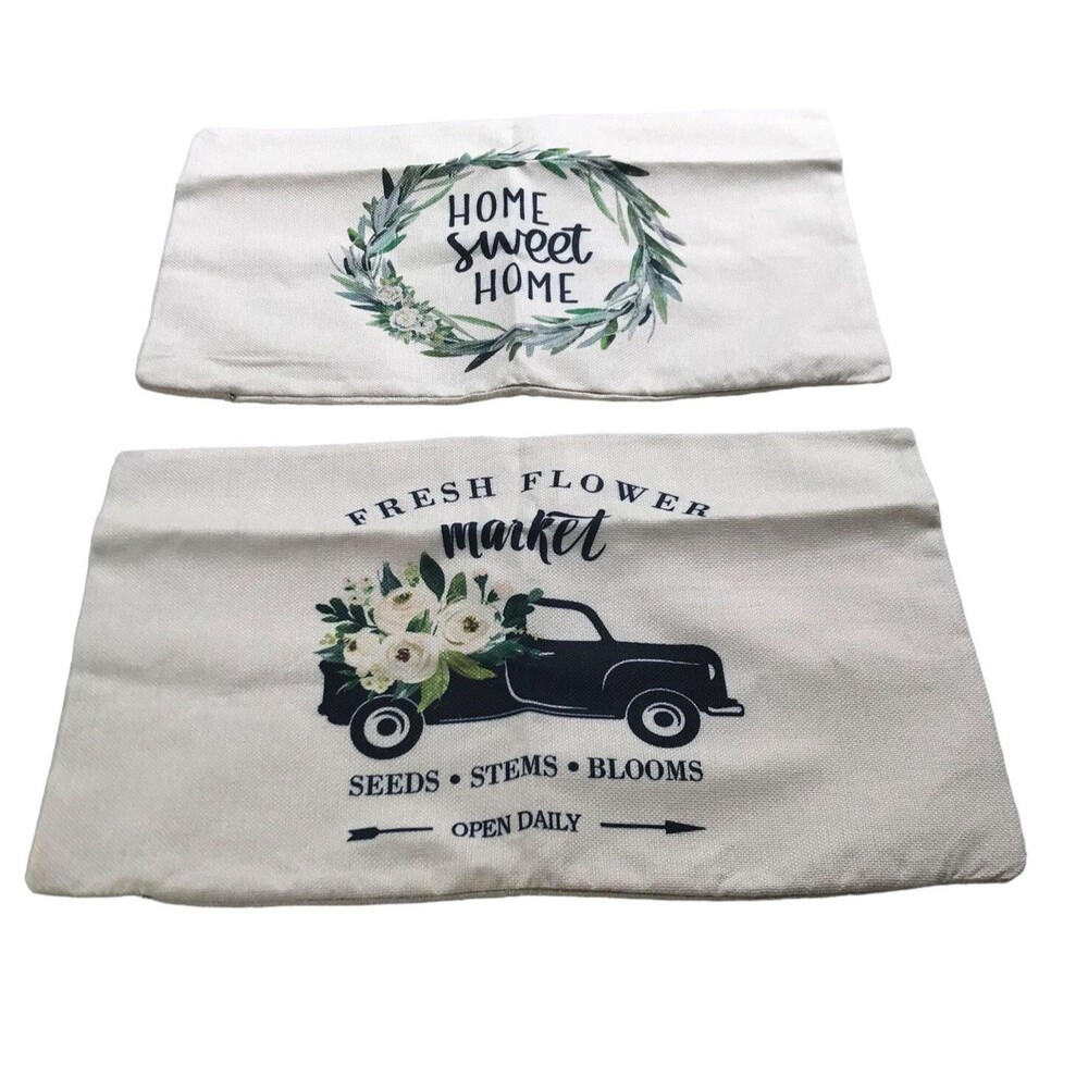 Pillow Covers 18 x 12 “Home Sweet Home” “Fresh Flower Market” Black Cream (2)